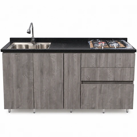 Mueble Integral de Cocina Roble Gris con Encimera y Lavaplatos 180 cm