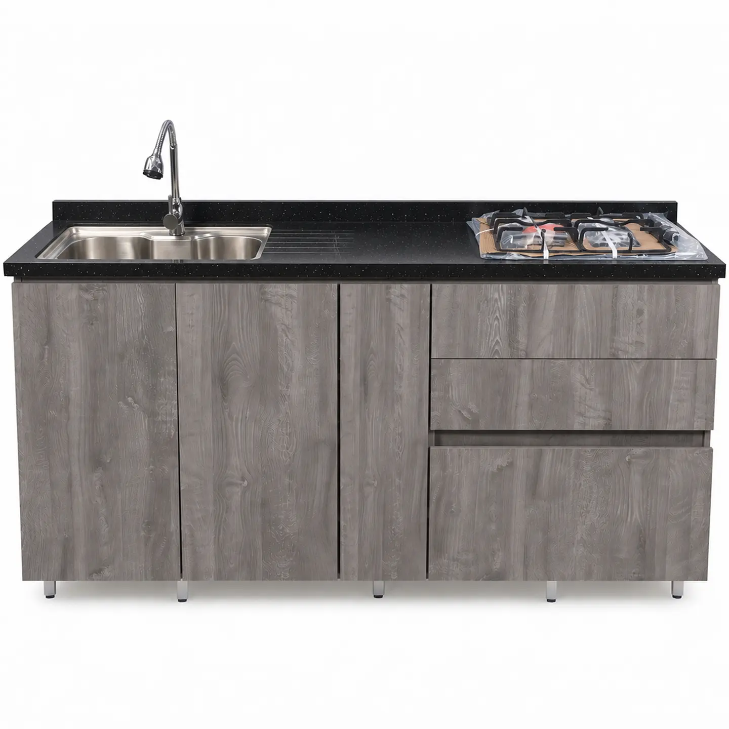 Mueble Integral de Cocina Roble Gris con Encimera y Lavaplatos 180 cm 2