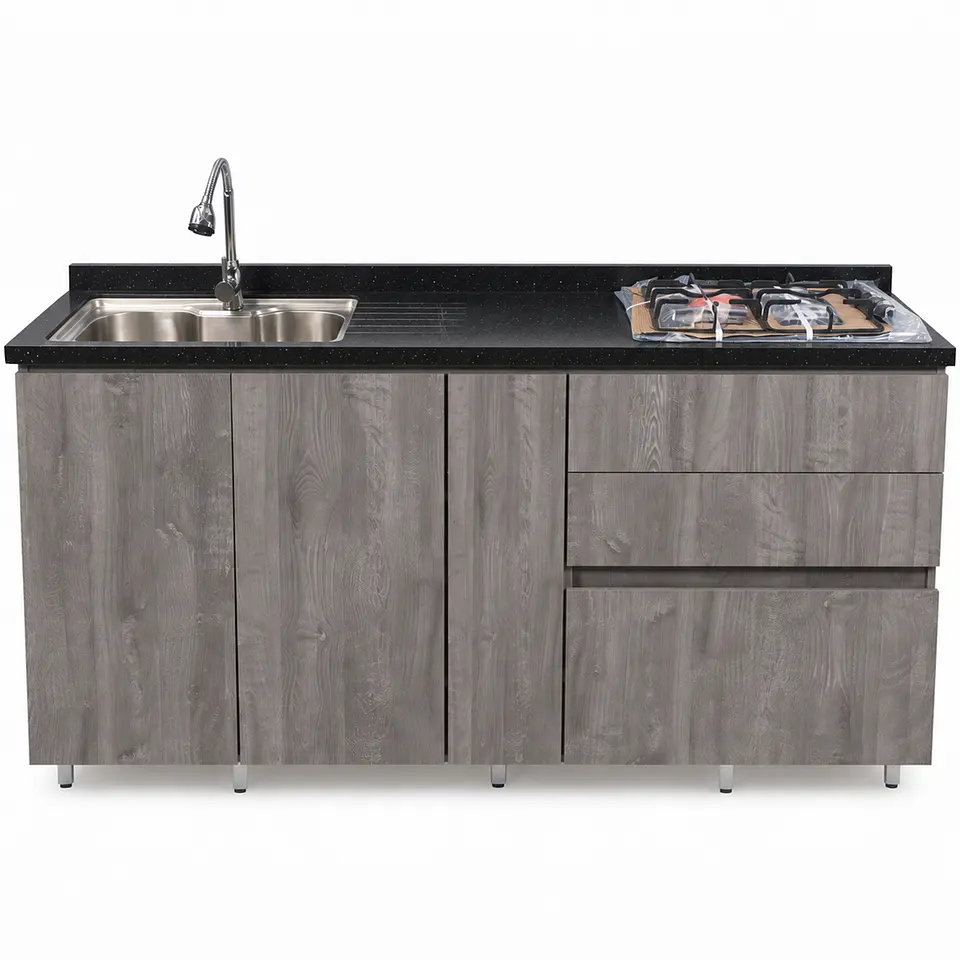 Mueble Integral de Cocina Roble Gris con Encimera y Lavaplatos 180 cm 2