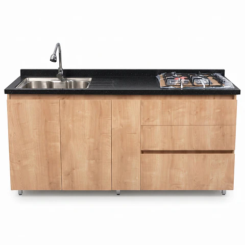 Mueble Integral de Cocina Roble Rustico con Encimera y Lavaplatos 180 cm