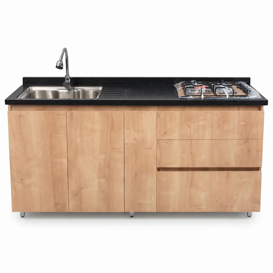 Mueble Integral de Cocina Roble Rustico con Encimera y Lavaplatos 180 cm 1
