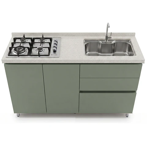 Mueble Integral de Cocina Verde Hada con Encimera y Lavaplatos 150 cm