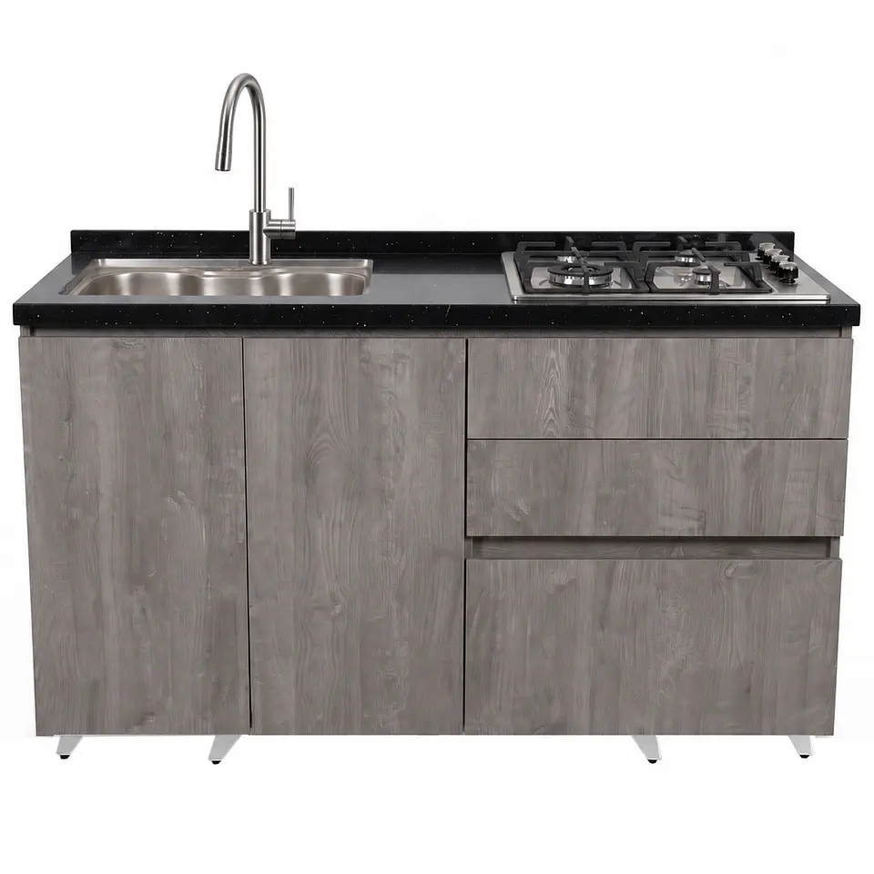 Mueble Integral de Cocina Roble Gris con Encimera y Lavaplatos 150 cm 3