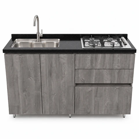 Mueble Integral de Cocina Roble Gris con Encimera y Lavaplatos 150 cm