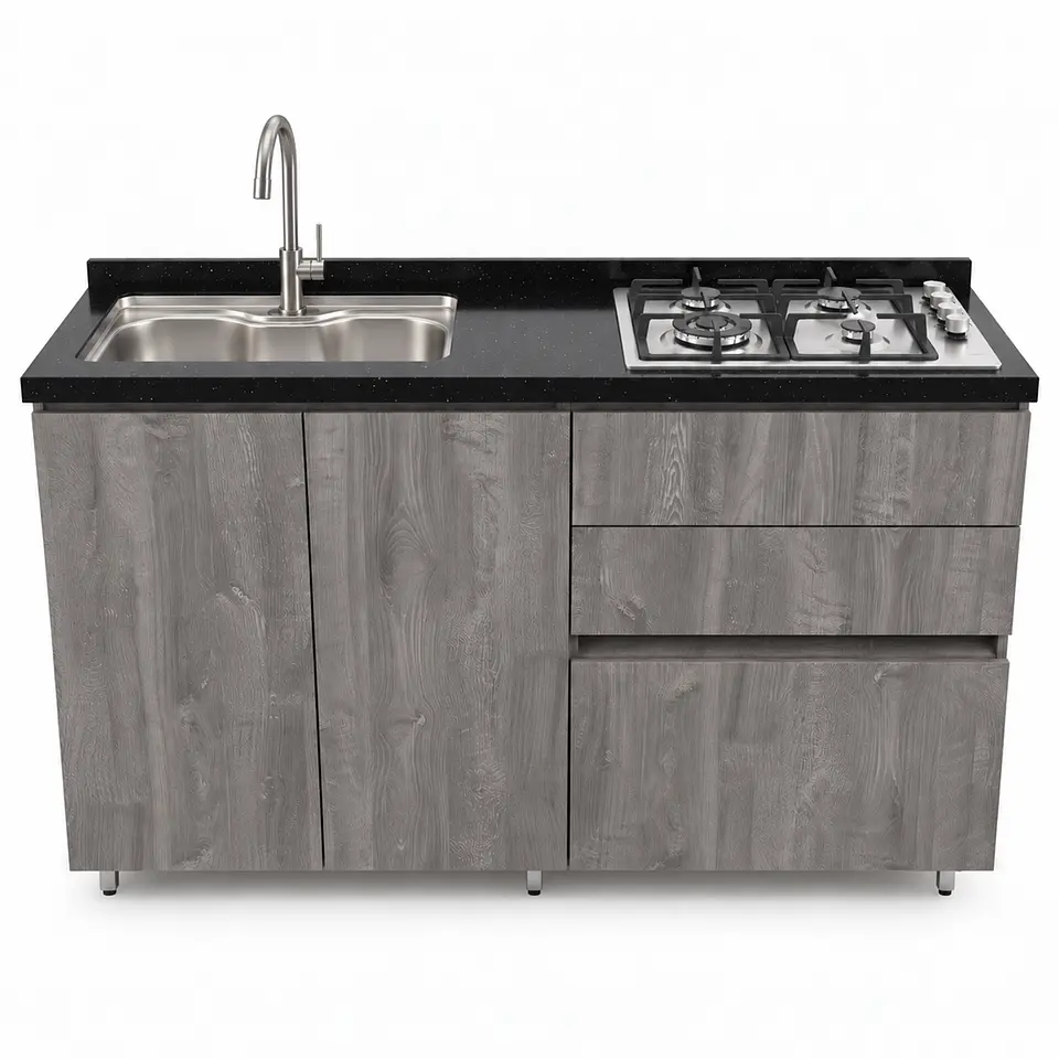 Mueble Integral de Cocina Roble Gris con Encimera y Lavaplatos 150 cm 1