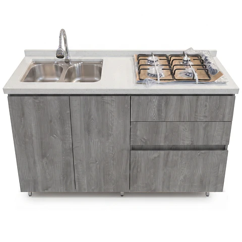 Mueble Integral de Cocina Roble Gris con Encimera y Lavaplatos 150 cm