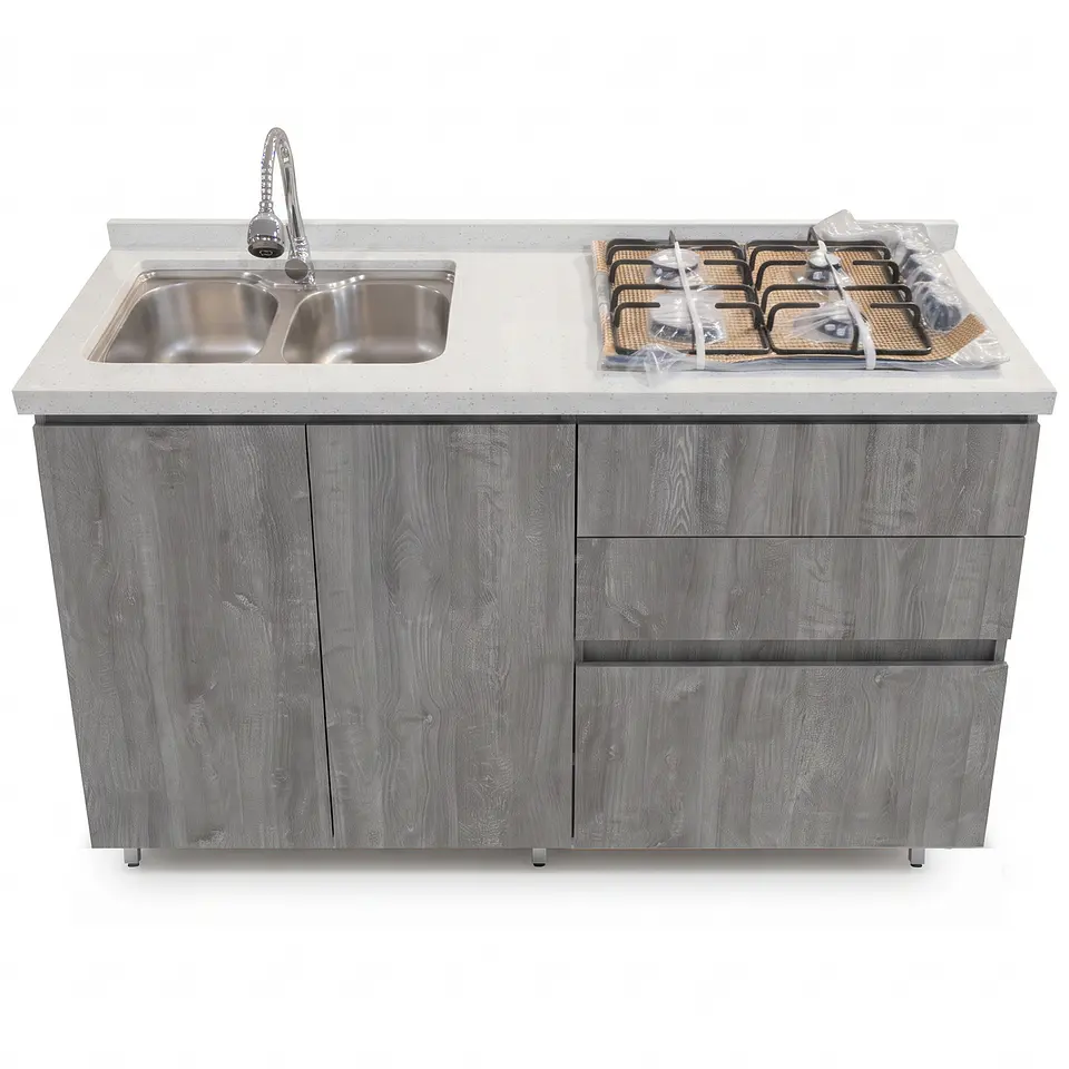 Mueble Integral de Cocina Roble Gris con Encimera y Lavaplatos 150 cm 2