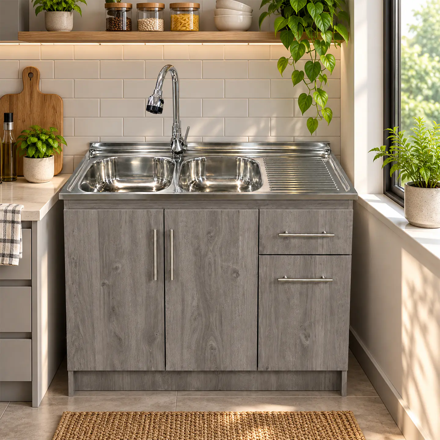 Mueble de Cocina Melamina Roble Gris Der 120x52x90 cm 2