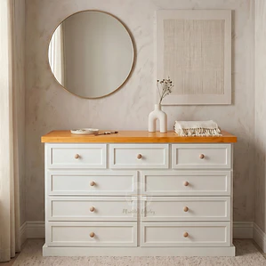 Cómoda de Madera 9 cajones Blanca y Alerce - Tiradores de la foto incluidos