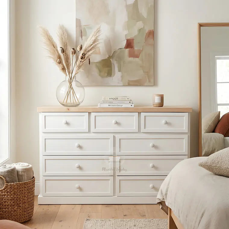 Cómoda de Madera 9 cajones Blanca y Natural - Tiradores de la foto incluidos 1