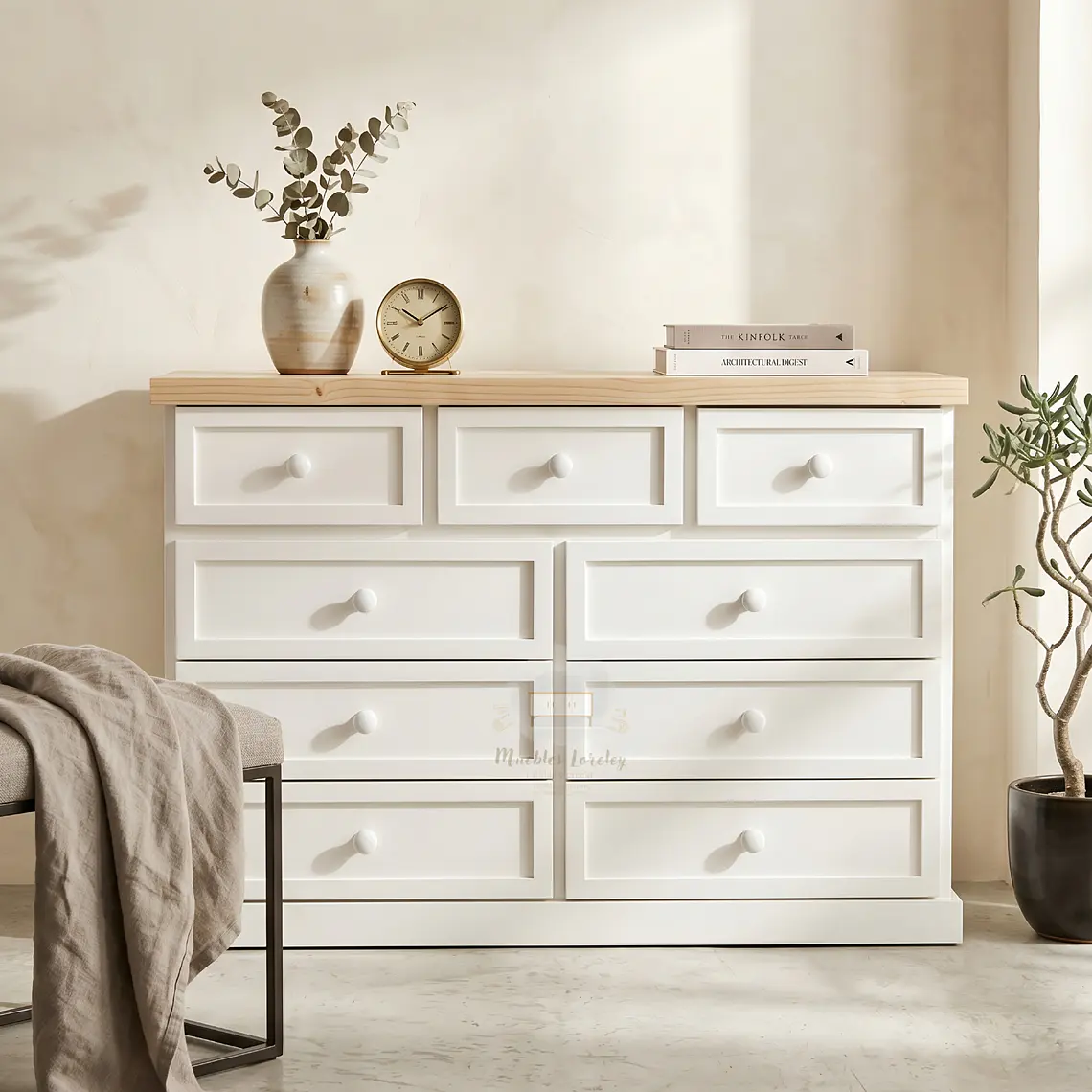Cómoda de Madera 9 cajones Blanca y Natural - Tiradores de la foto incluidos 2