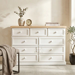Cómoda de Madera 9 cajones Blanca y Natural - Tiradores de la foto incluidos