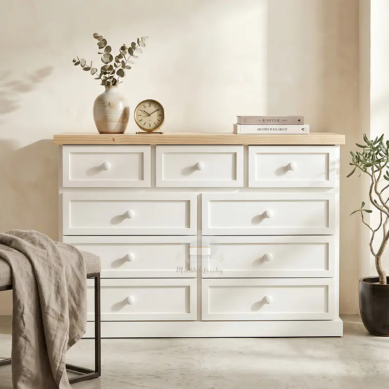 Cómoda de Madera 9 cajones Blanca y Natural - Tiradores de la foto incluidos 2