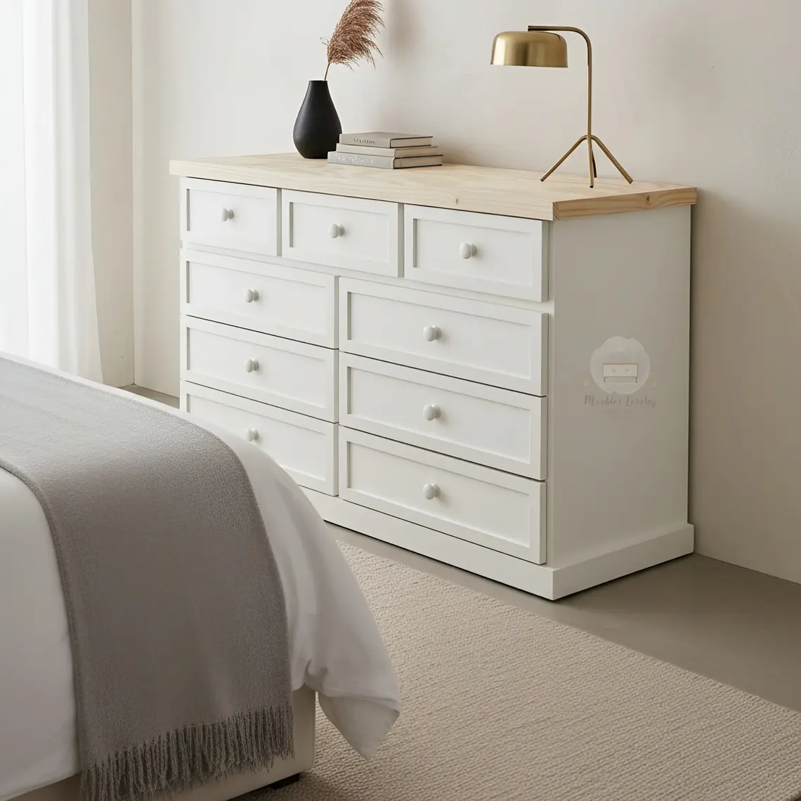Cómoda de Madera 9 cajones Blanca y Natural - Tiradores de la foto incluidos 3