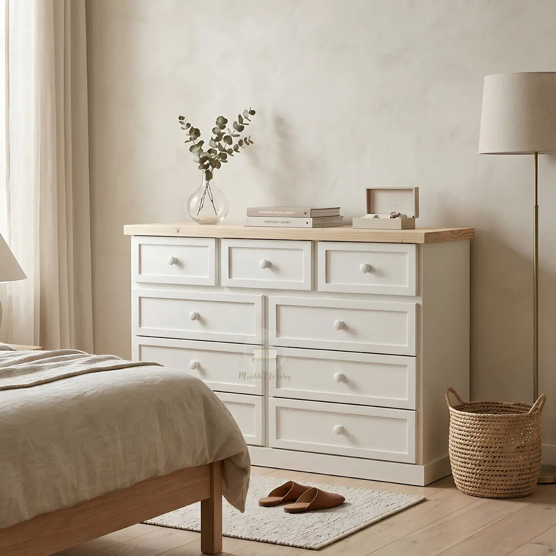 Cómoda de Madera 9 cajones Blanca y Natural - Tiradores de la foto incluidos 4