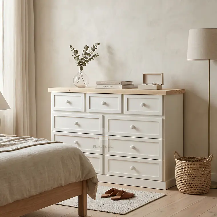 Cómoda de Madera 9 cajones Blanca y Natural - Tiradores de la foto incluidos 4