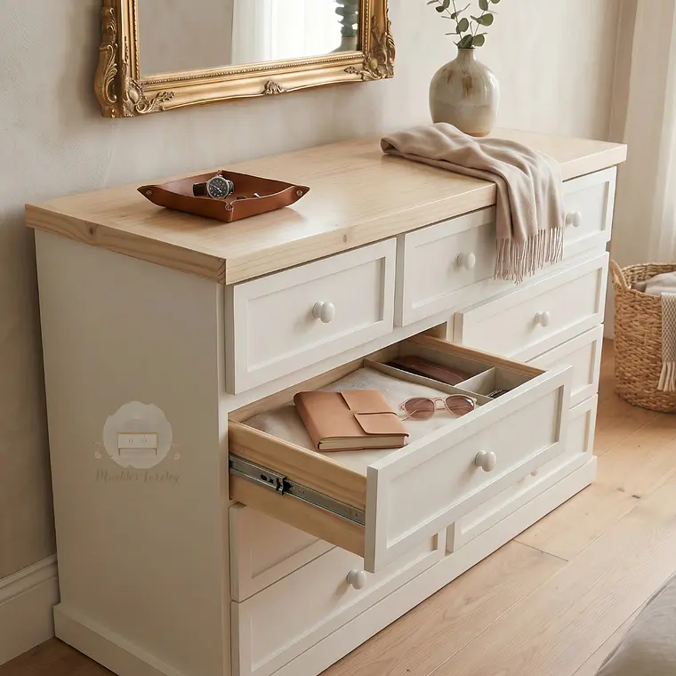 Cómoda de Madera 9 cajones Blanca y Natural - Tiradores de la foto incluidos 5