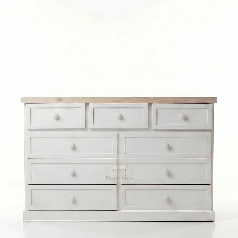 Cómoda de Madera 9 cajones Blanca y Natural - Tiradores de la foto incluidos 6