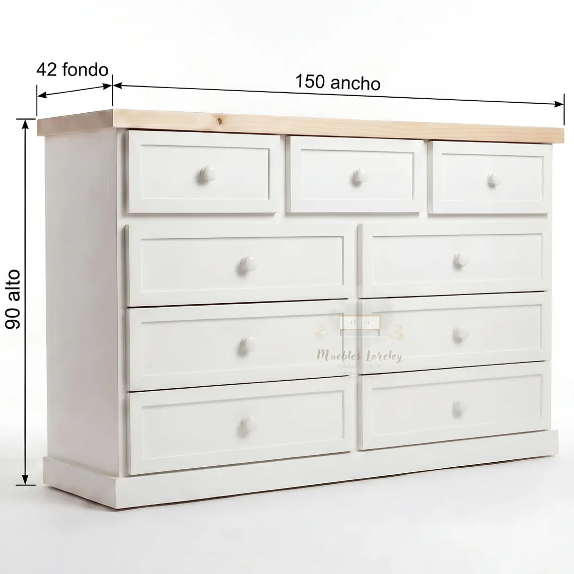 Cómoda de Madera 9 cajones Blanca y Natural - Tiradores de la foto incluidos 8