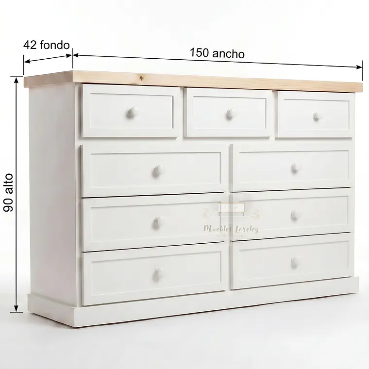 Cómoda de Madera 9 cajones Blanca y Natural - Tiradores de la foto incluidos 8