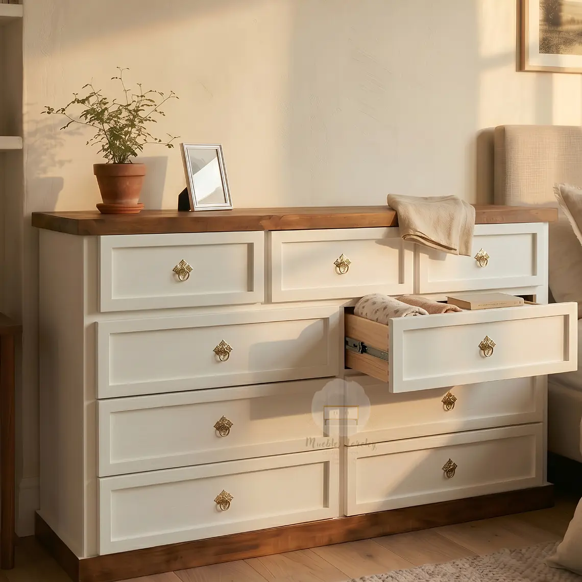 Cómoda de Madera 9 cajones Blanca y Nogal 3