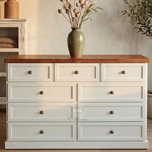 Cómoda de Madera 9 cajones Blanca y Caoba - Tiradores premium de la foto incluidos
