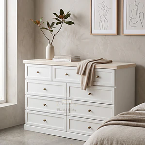 Cómoda de Madera 9 cajones Blanca y Decapado - Tiradores premium de la foto incluidos