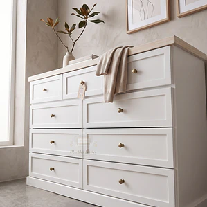Cómoda de Madera 9 cajones Blanca y Decapado - Tiradores premium de la foto incluidos