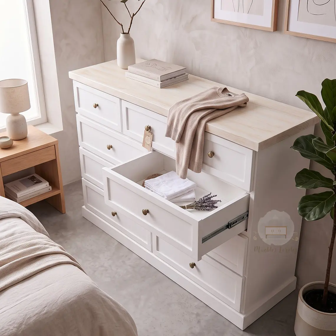 Cómoda de Madera 9 cajones Blanca y Decapado - Tiradores premium de la foto incluidos 3