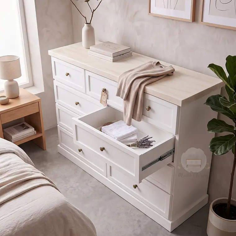 Cómoda de Madera 9 cajones Blanca y Decapado - Tiradores premium de la foto incluidos 3