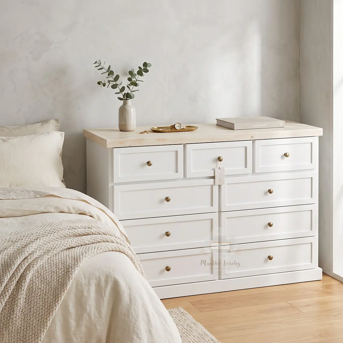 Cómoda de Madera 9 cajones Blanca y Decapado - Tiradores premium de la foto incluidos 5