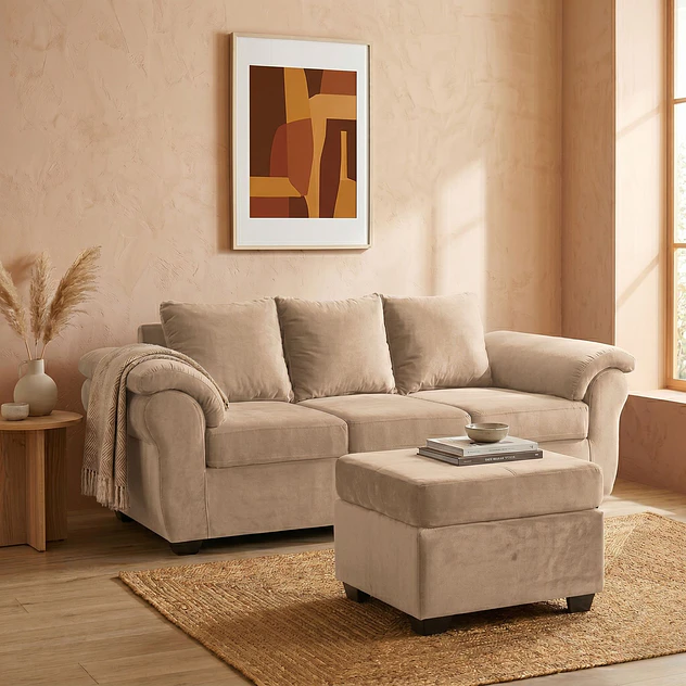 Sofá Ezeiza 3c + 1 Pouf Felpa Beige 2