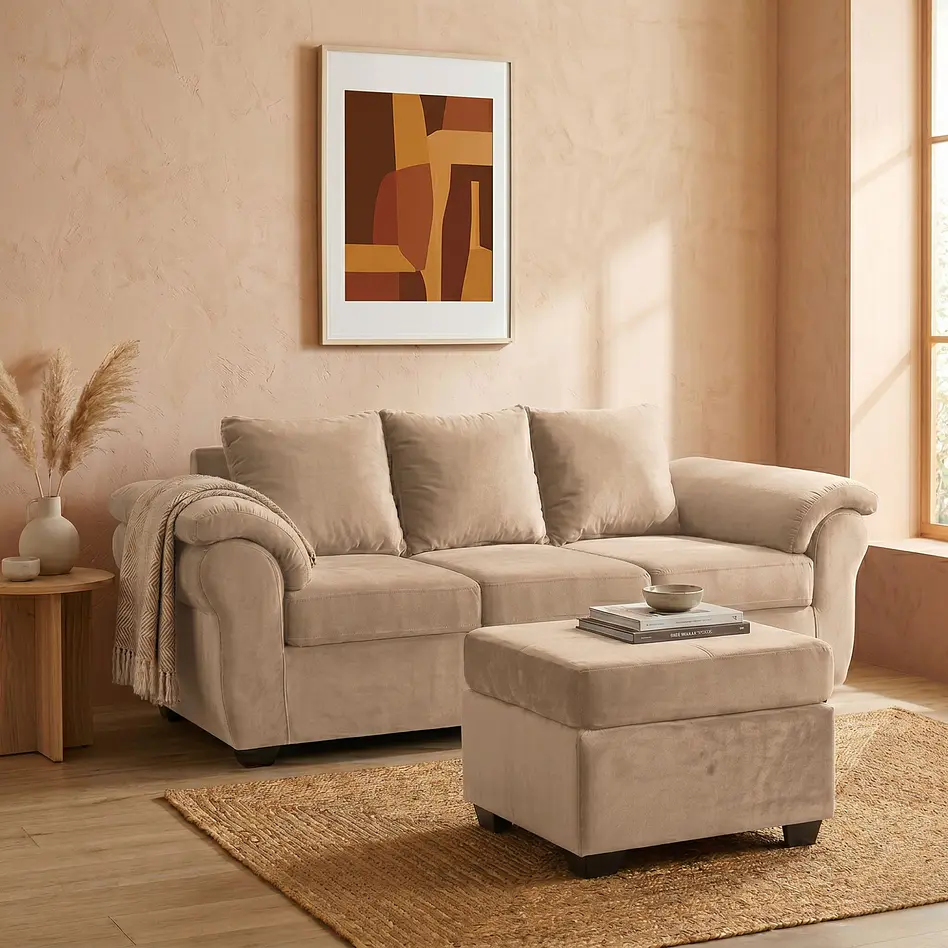 Sofá Ezeiza 3c + 1 Pouf Felpa Beige 2