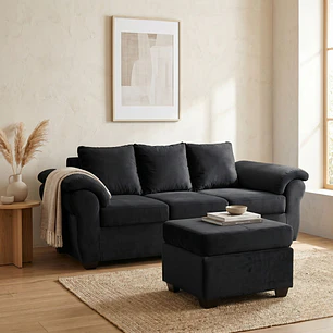 Sofá Ezeiza 3c + 1 Pouf Felpa Negro