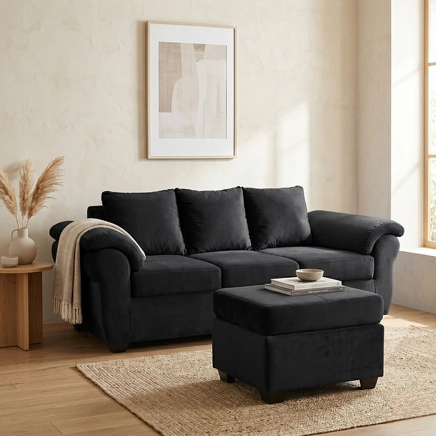 Sofá Ezeiza 3c + 1 Pouf Felpa Negro 2