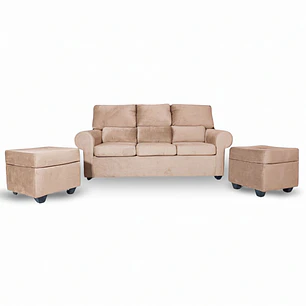 Sofá Boston 3c Felpa Beige + 2 Pouf