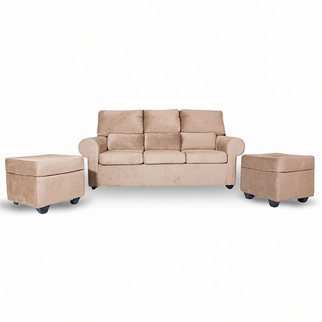 Sofá Boston 3c Felpa Beige + 2 Pouf 1