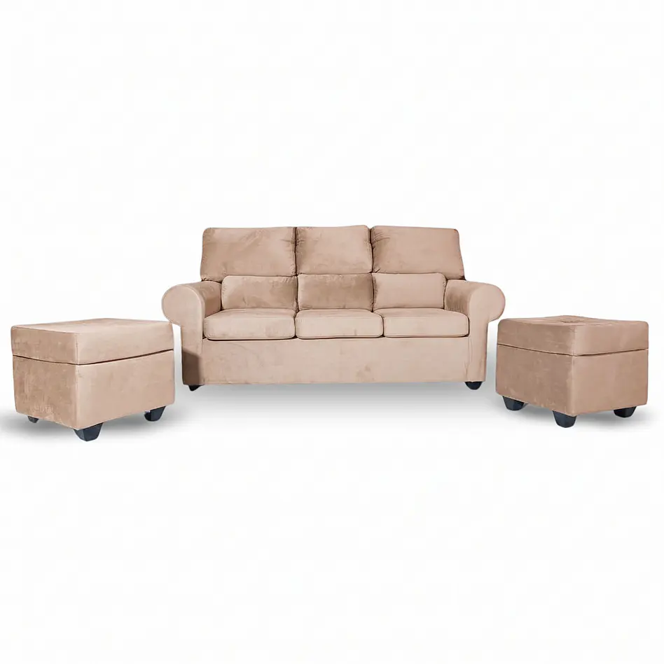 Sofá Boston 3c Felpa Beige + 2 Pouf 1