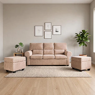 Sofá Boston 3c Felpa Beige + 2 Pouf