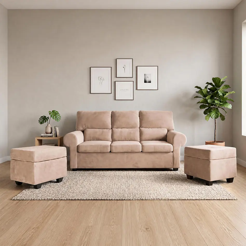 Sofá Boston 3c Felpa Beige + 2 Pouf 2
