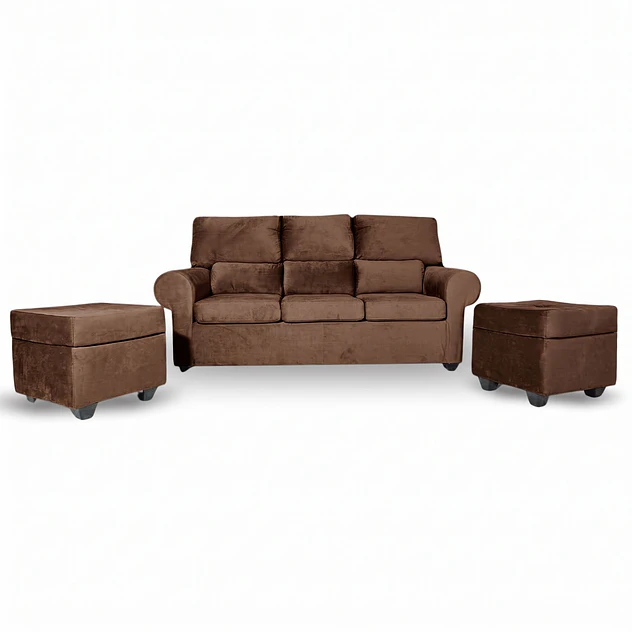 Sofá Boston 3c Felpa Café + 2 Pouf 1