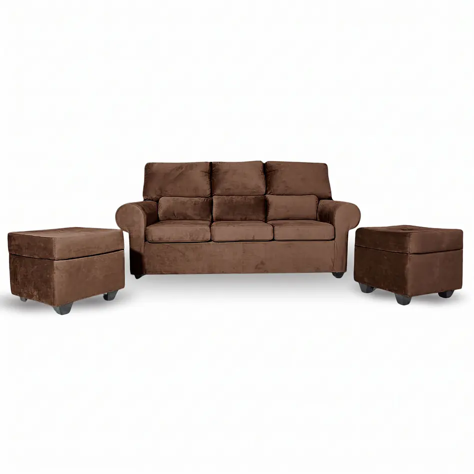 Sofá Boston 3c Felpa Café + 2 Pouf 1