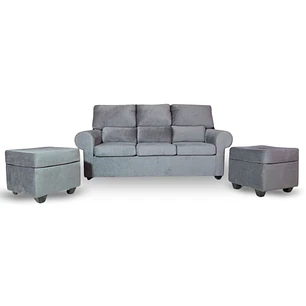Sofá Boston 3c Felpa Gris + 2 Pouf