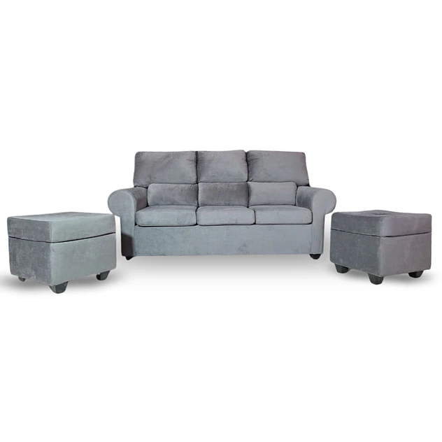 Sofá Boston 3c Felpa Gris + 2 Pouf 1