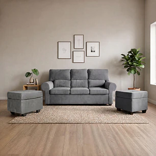 Sofá Boston 3c Felpa Gris + 2 Pouf