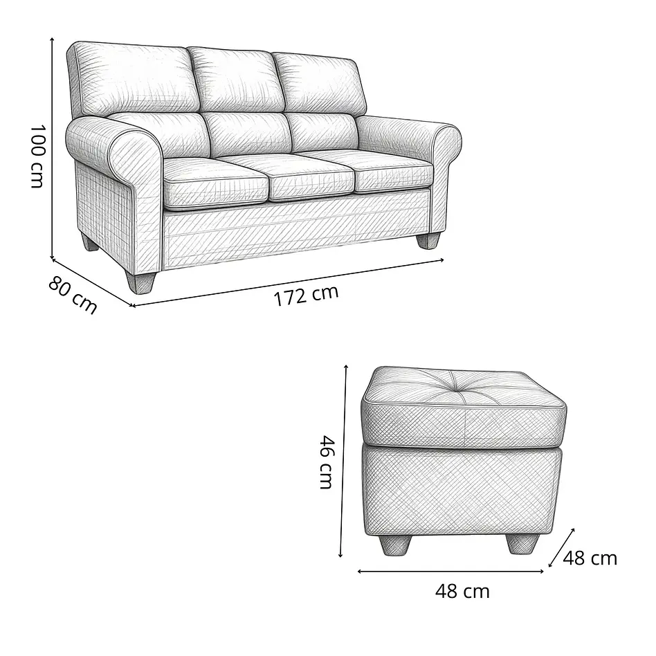 Sofá Boston 3c Felpa Negro + 2 Pouf 9