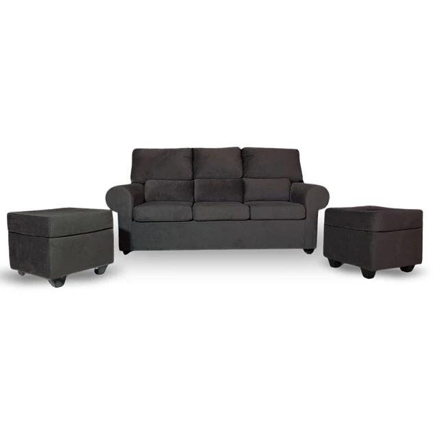 Sofá Boston 3c Felpa Negro + 2 Pouf 1