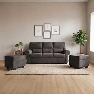 Sofá Boston 3c Felpa Negro + 2 Pouf