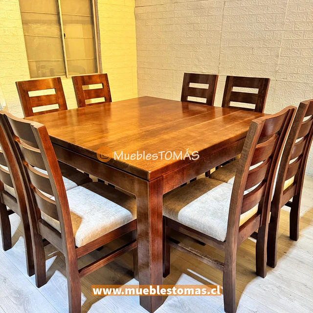 Comedor Cuadrado León para 8 pers.-LENGA, Tono café oscuro.
