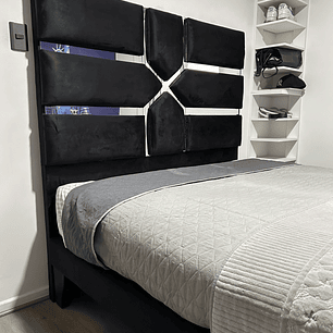 cama de 2 plazas + respaldo de espejo + tapiz color a elección en 2 plazas + bases divididas + colchón new ortopédico 